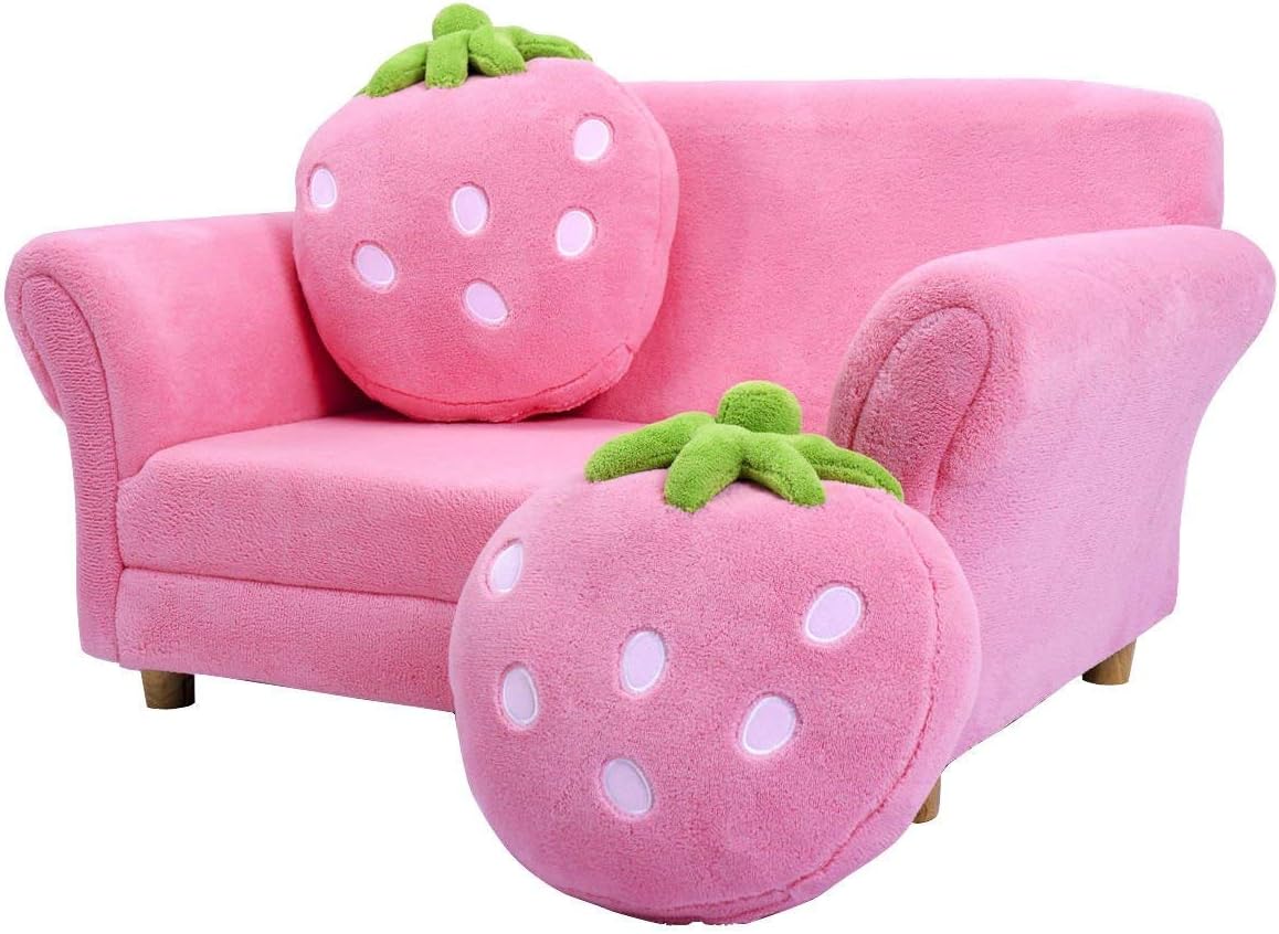 Kids Couch, Double Seat Pink Children's Sofa with 2 Strawberry