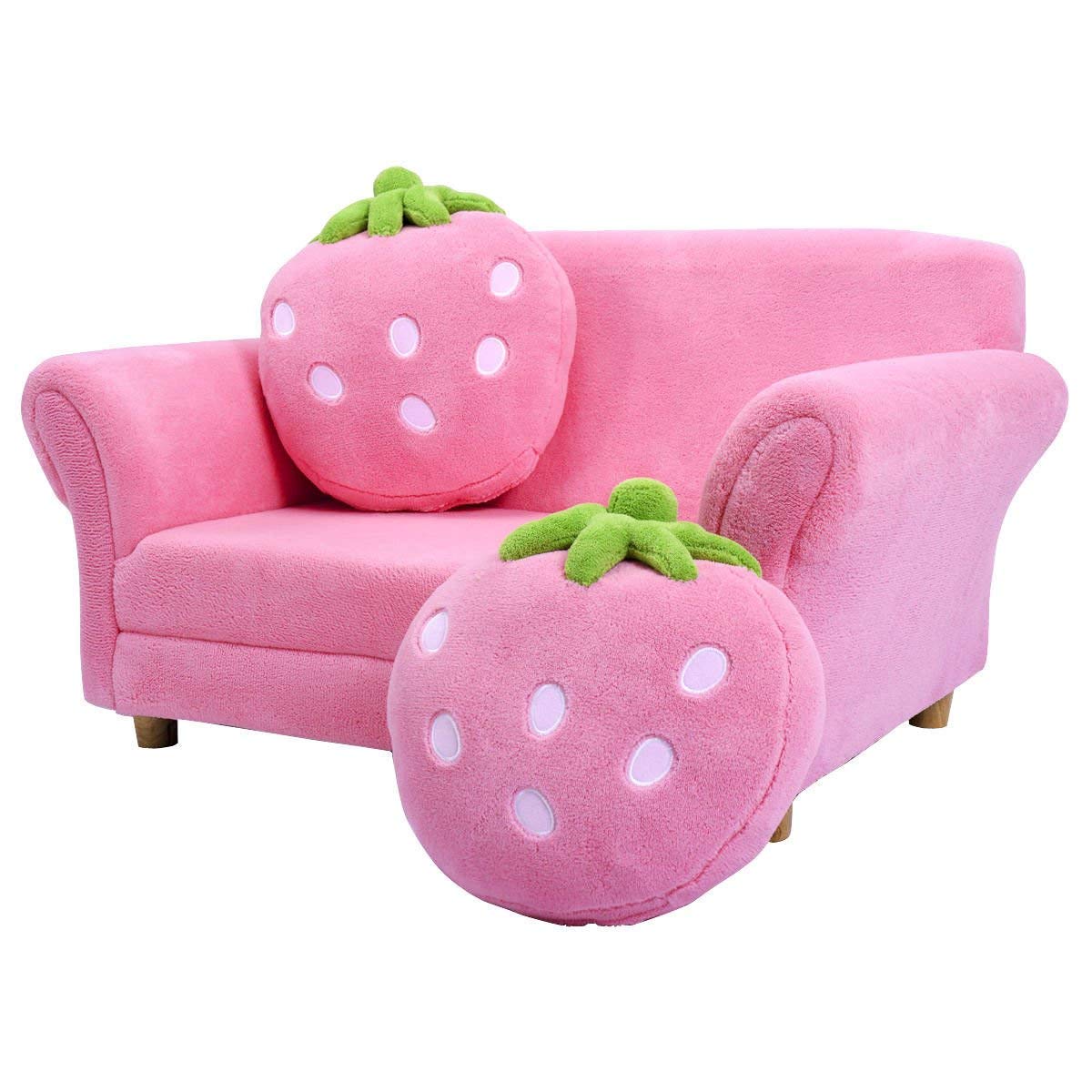 Kids Couch, Double Seat Pink Children's Sofa with 2 Strawberry