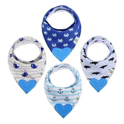 Baby Bandana Teething Bibs with Attached Silicone Teether - Set Of 4 -Solid Blues
