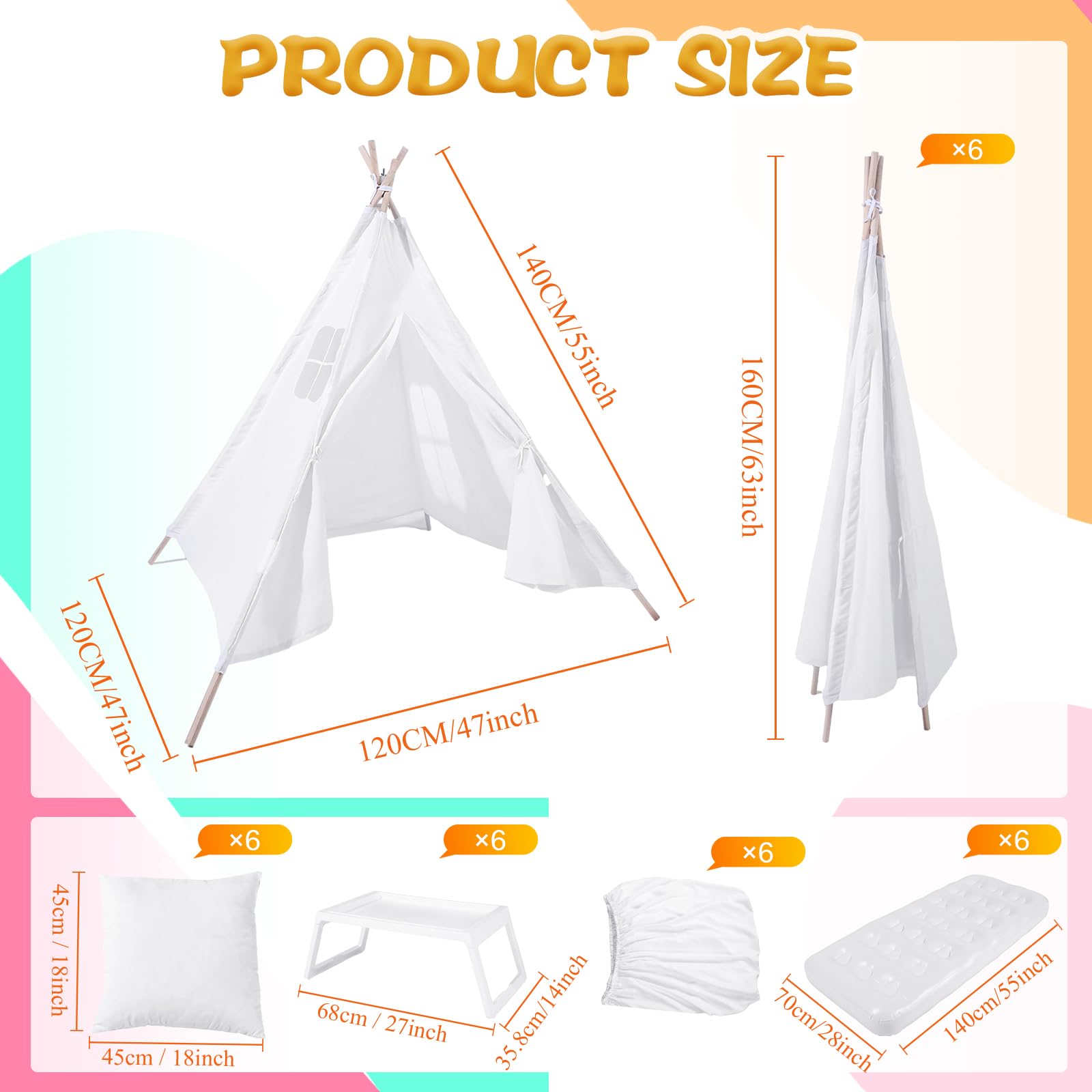 Kids Teepee Tent Party Set - 6 Pack with Inflatable Beds and Accessories