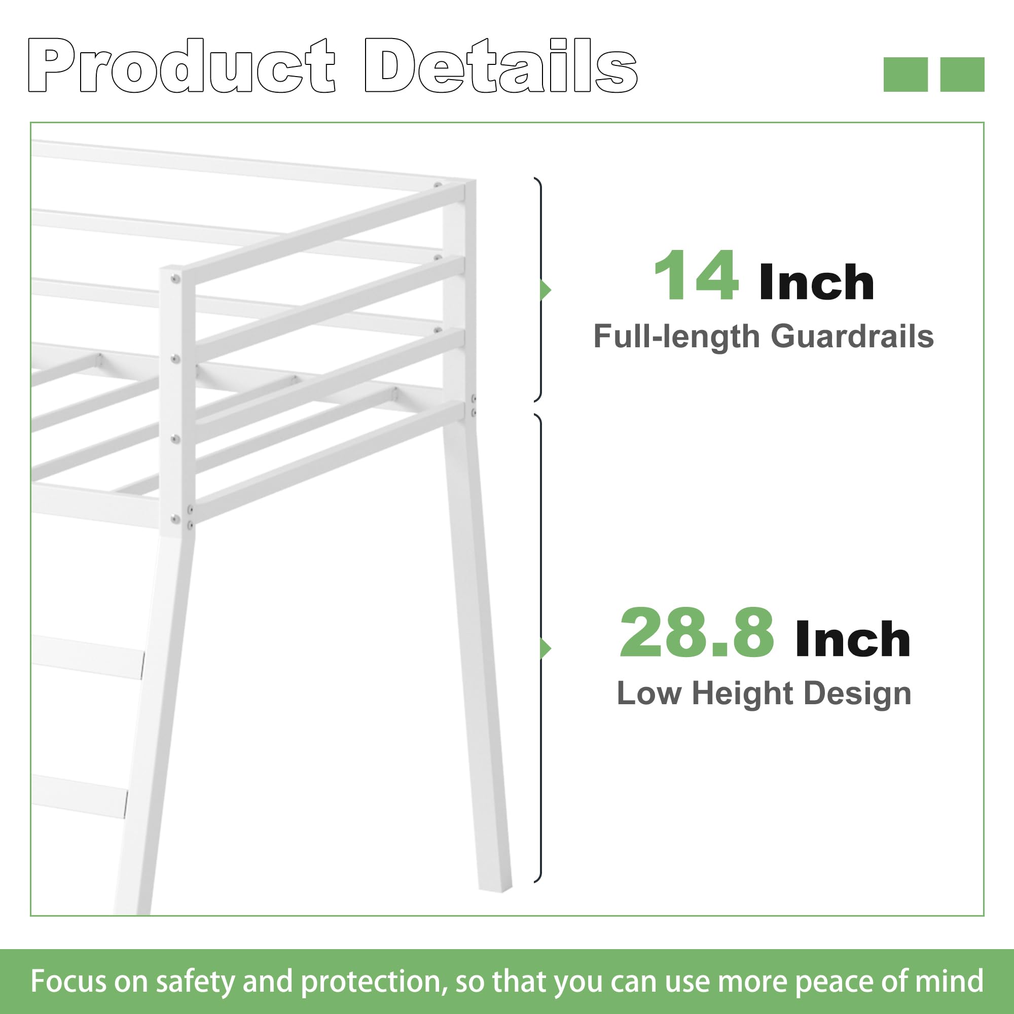 Twin Metal Loft Bed with Stairs and Safety Guardrails