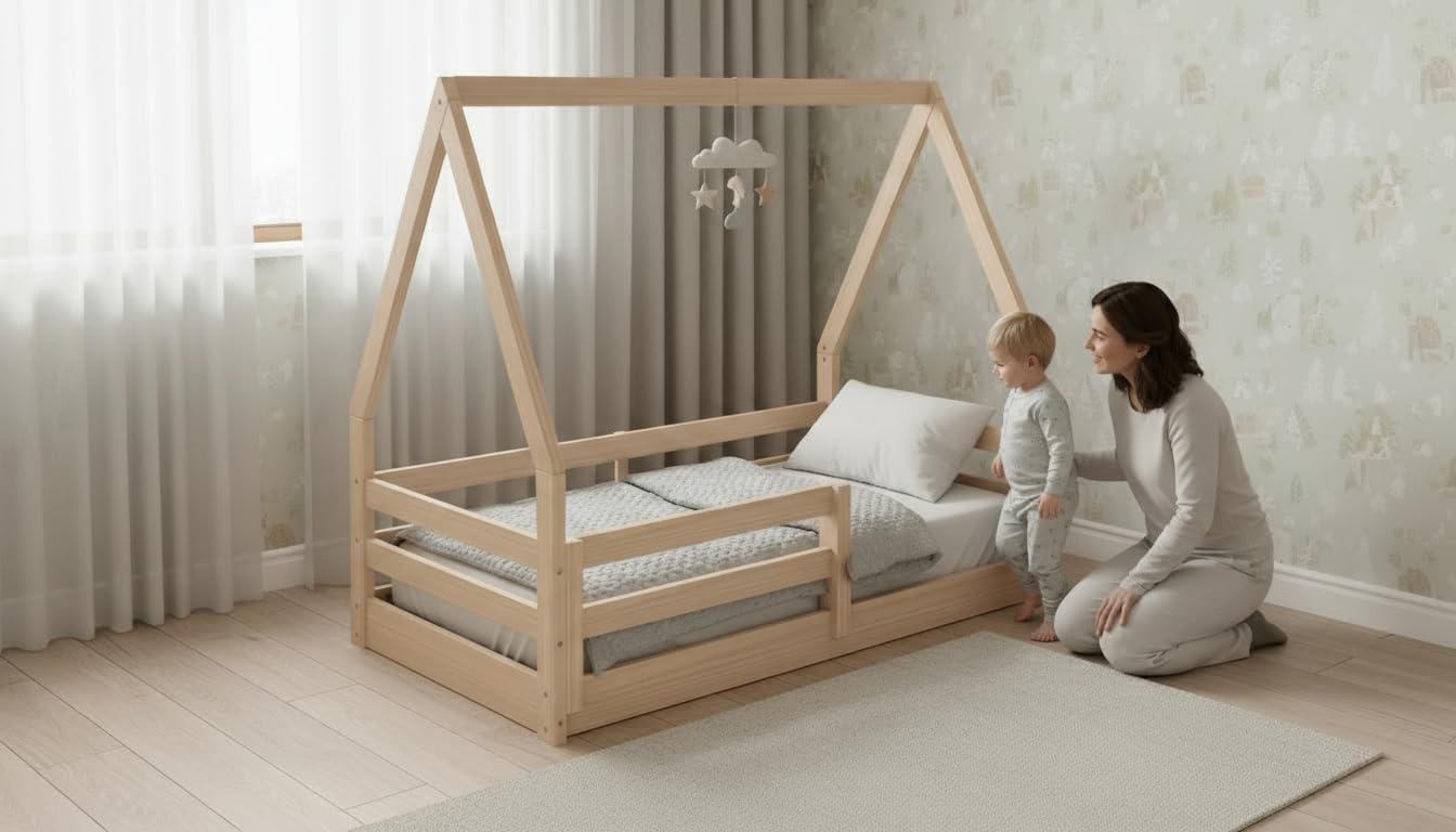 Montessori Toddler Floor Bed with Rails - Solid Pine Wood