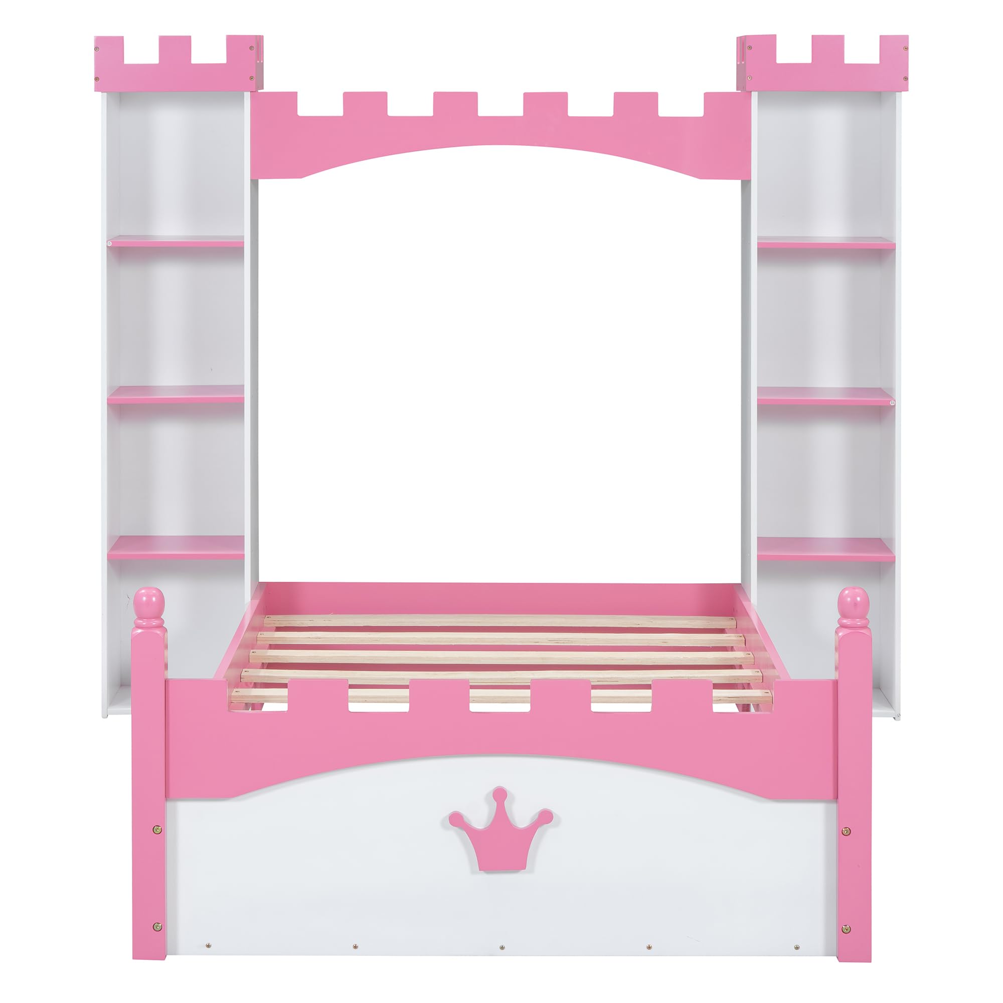 Castle-Shaped Wooden Bed Frame for Boys Girls Kids Adults Toddler with Storage Shelf