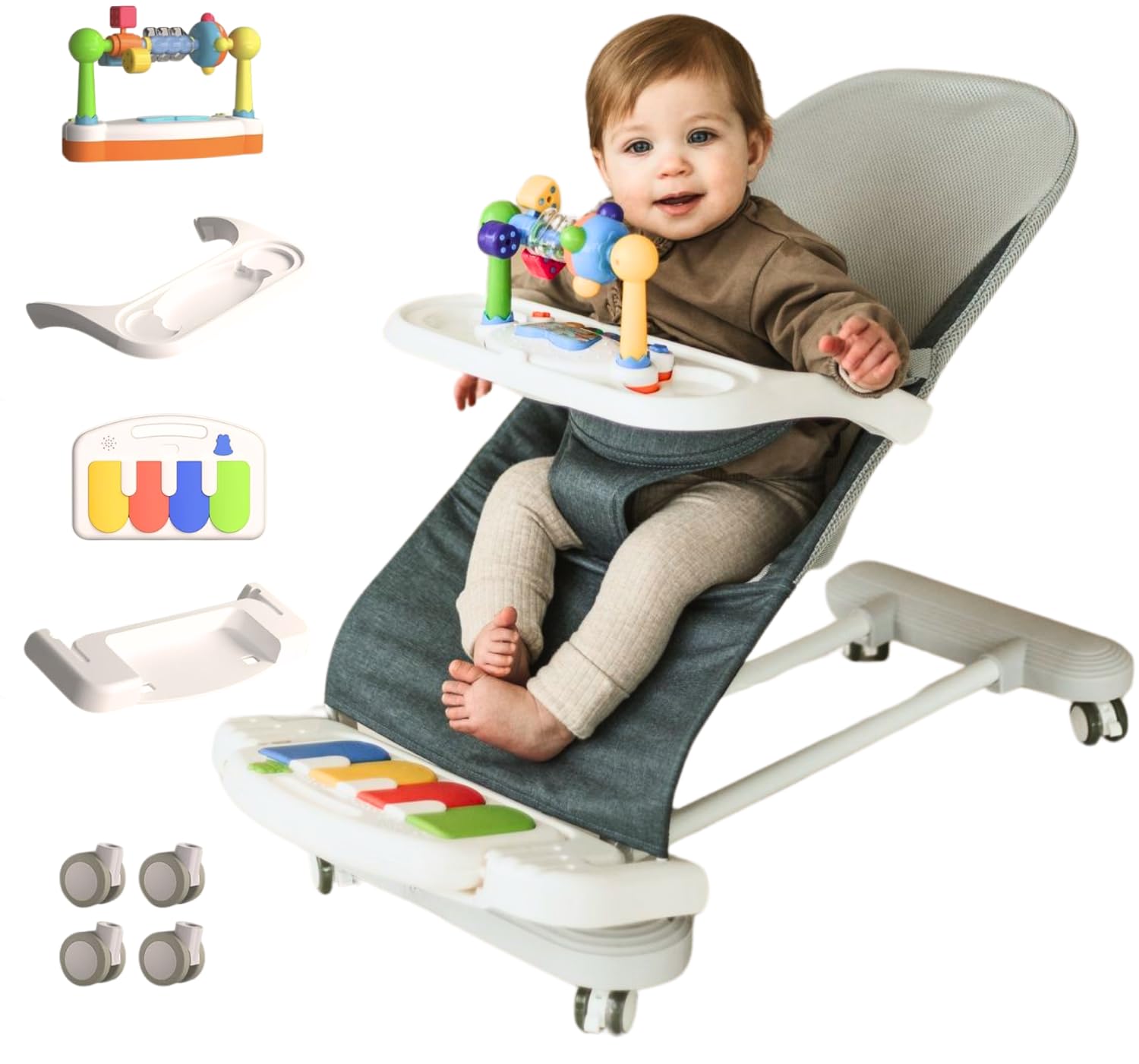 4-in-1 Baby Bouncer with Wheels and Piano Tray