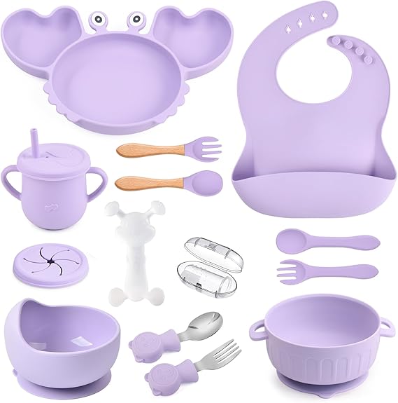 Feeding Set 15 Pcs - Suction Bowl, Divided Plate, Bib, Cup