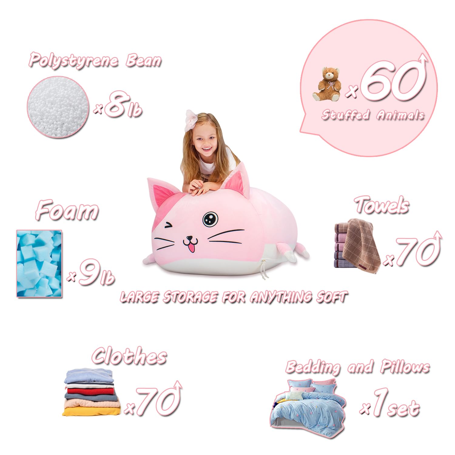 Pink Cat Bean Bag Chair Storage for Kids