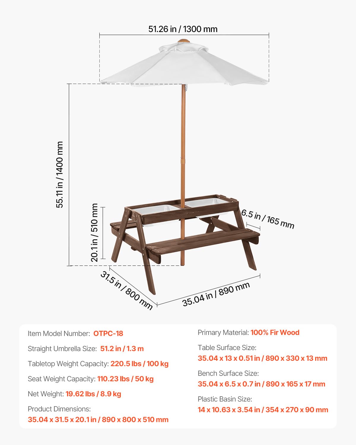 Kids Picnic Table with Umbrella 3-in-1 Sand Water Table Outdoor Wooden Bench Set