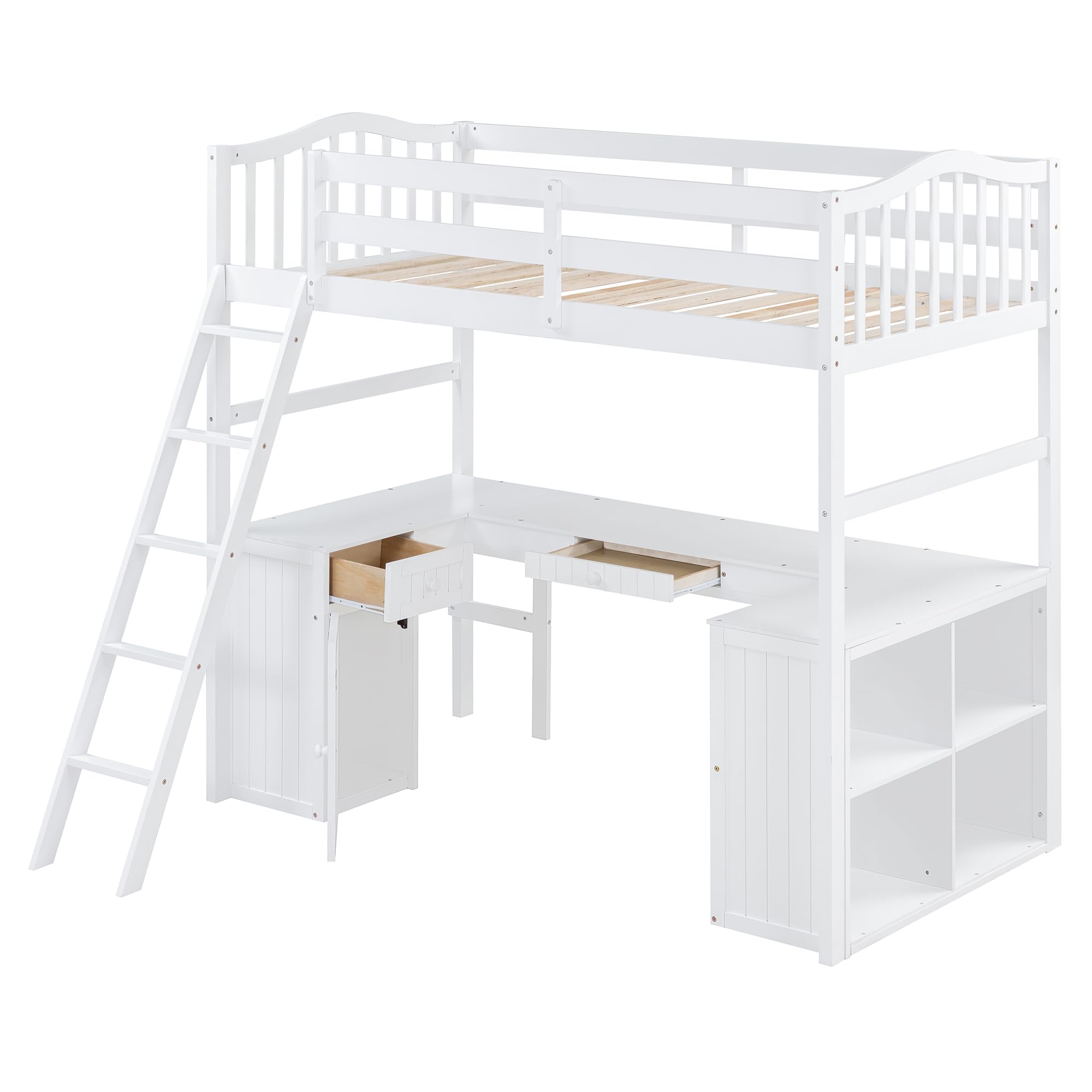 Twin Size Loft Bed with Desk, Wooden Loft Bed Frame with Drawers