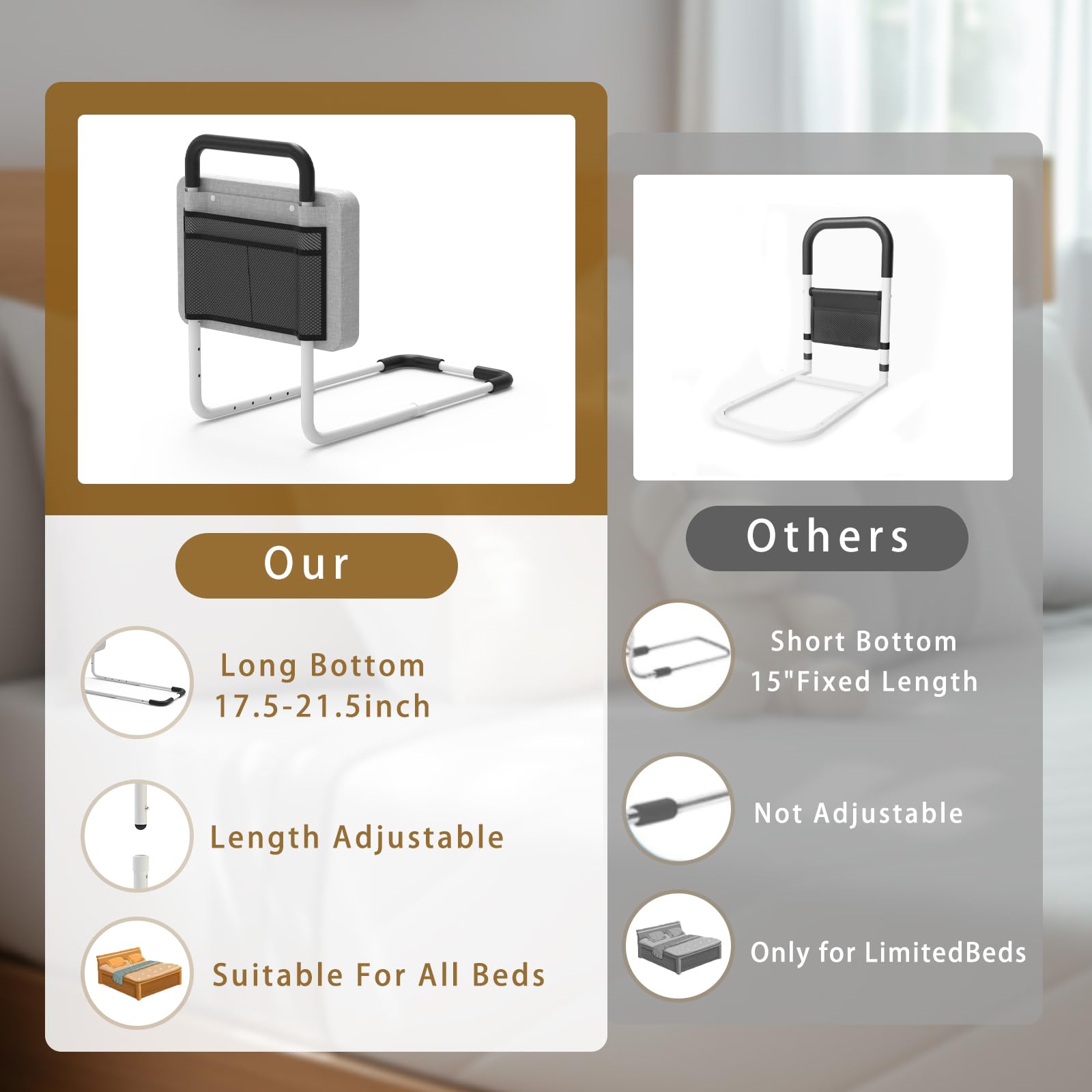 Padded Bed Rails for Elderly Adults with Storage Pocket