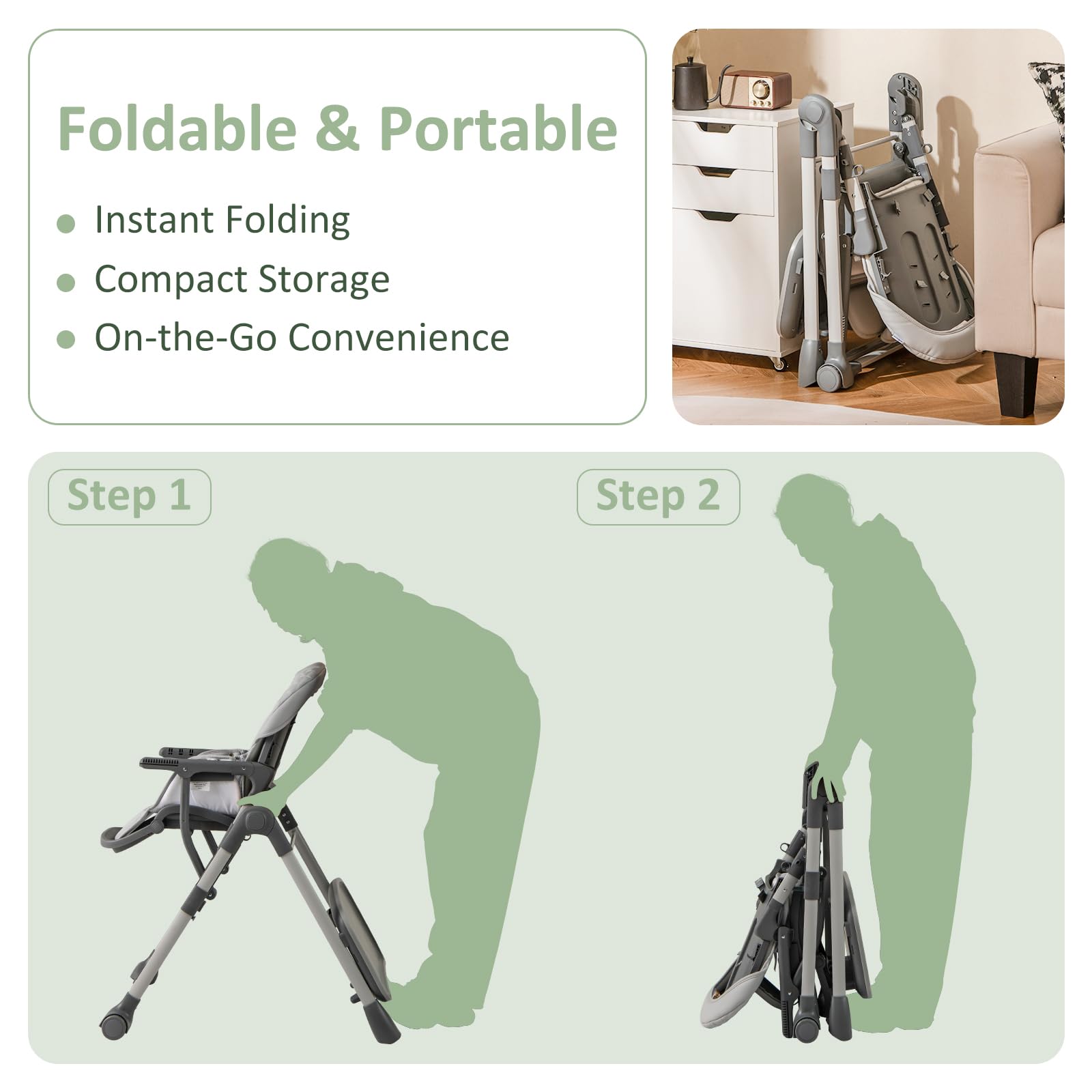 Convertible Folding Baby High Chair with Adjustable Height and Removable Tray