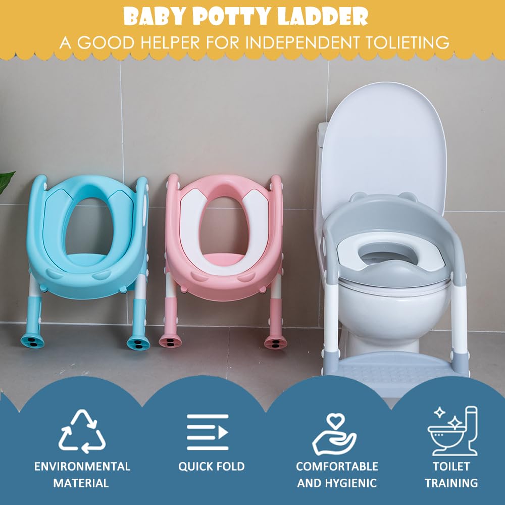 EGREE Potty Training Toilet Chair Seat with Step Stool Ladder for Kids and Toddler Boys Girls - Foldable Height Adjustable Children Toilet Training Seat with Safe Handles & Anti-Slip Pads, White-Pink