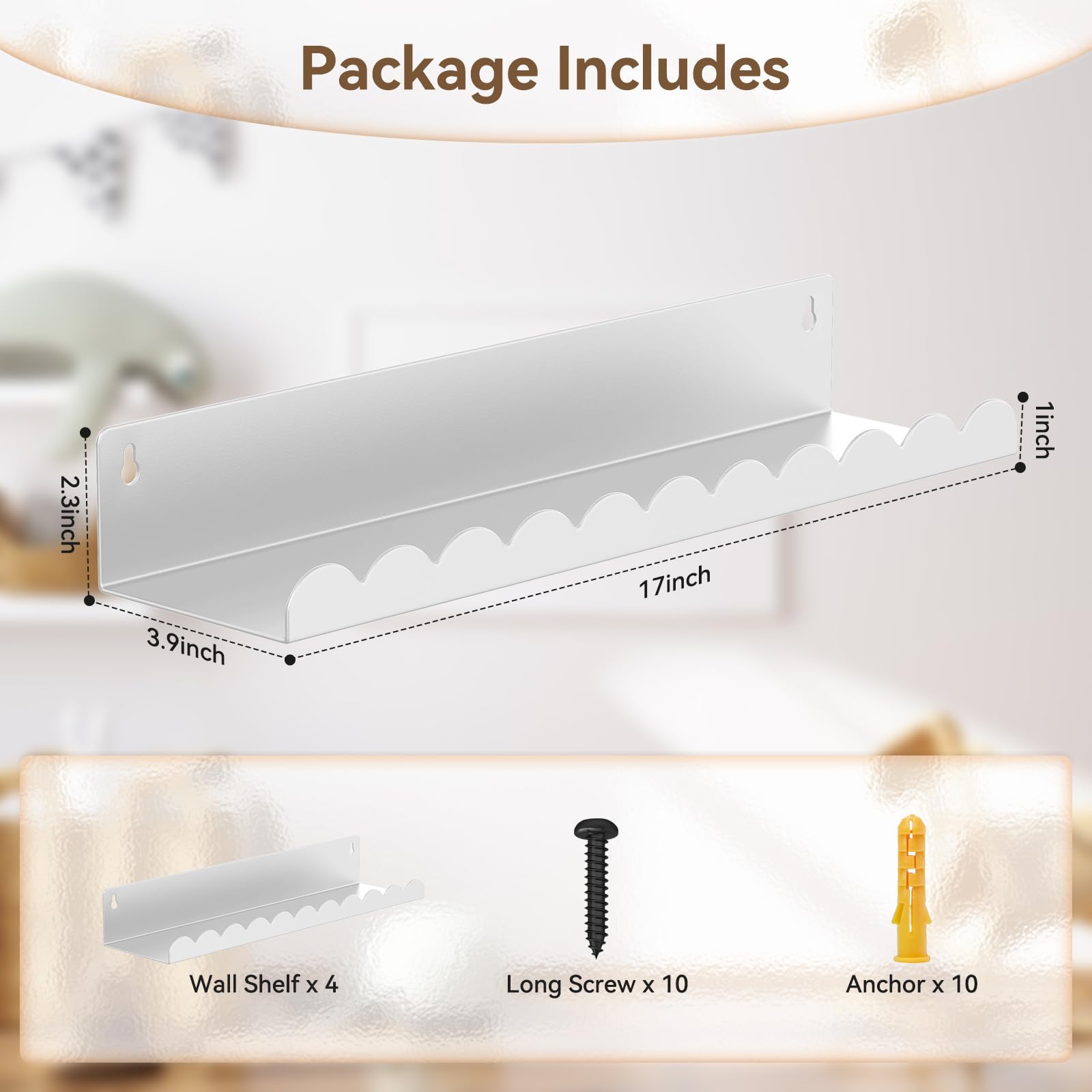17 Inch Metal Floating Wall Shelves 4 Pack Scalloped Nursery Book Shelf