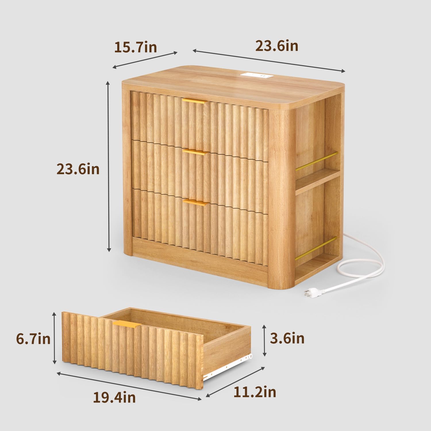 Fluted Nightstand with Charging Station and 3 Drawers