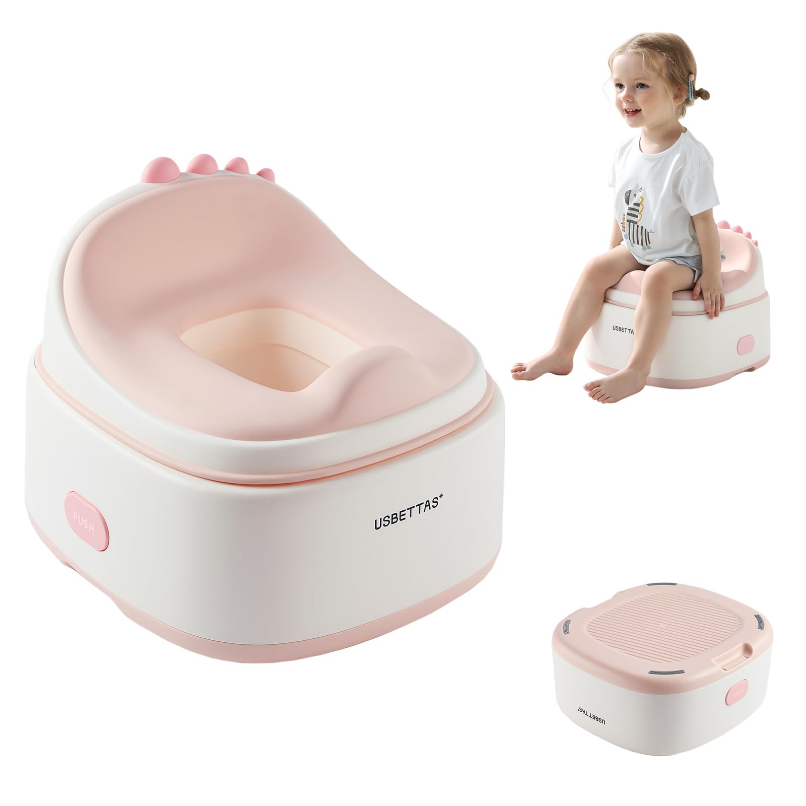 usbettas 3 in 1 Potty Training Toilet, Dinosaur Toddler Potty Training Seat for Boys Girls with Comfortable Cushion, Easy-to-Clean and Anti-Slip Potty Training Step Stool for Toilet (Pink)