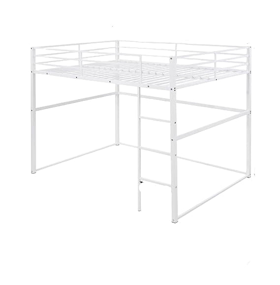Loft Bed Full Size, Loft Bed Frame with Safety Guard Rails & Flat Ladder