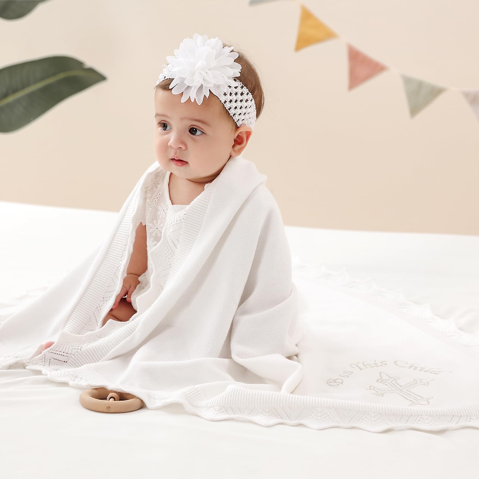 Baby Baptism Blanket – White Cotton Knit Christening Shawl