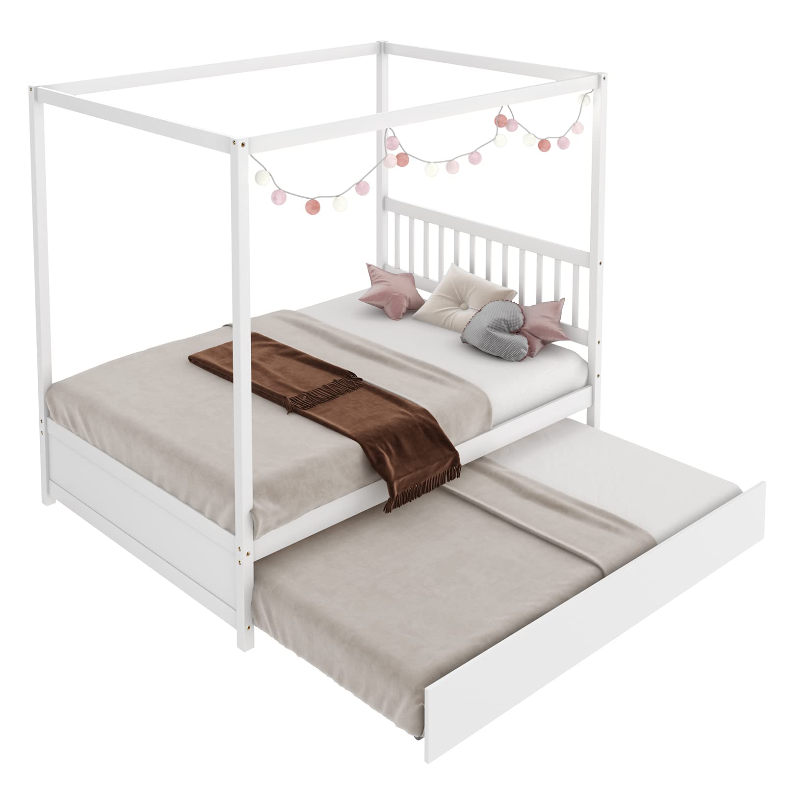 Canopy Bed with Trundle, Full Size Kids Solid Wood Platform Bed Frame