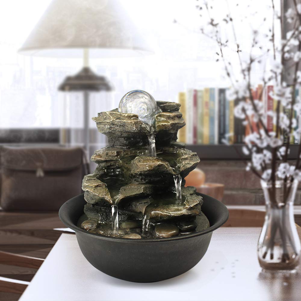 Spinning Orb Rock Cascading Tabletop Fountain, Zen Meditation Indoor