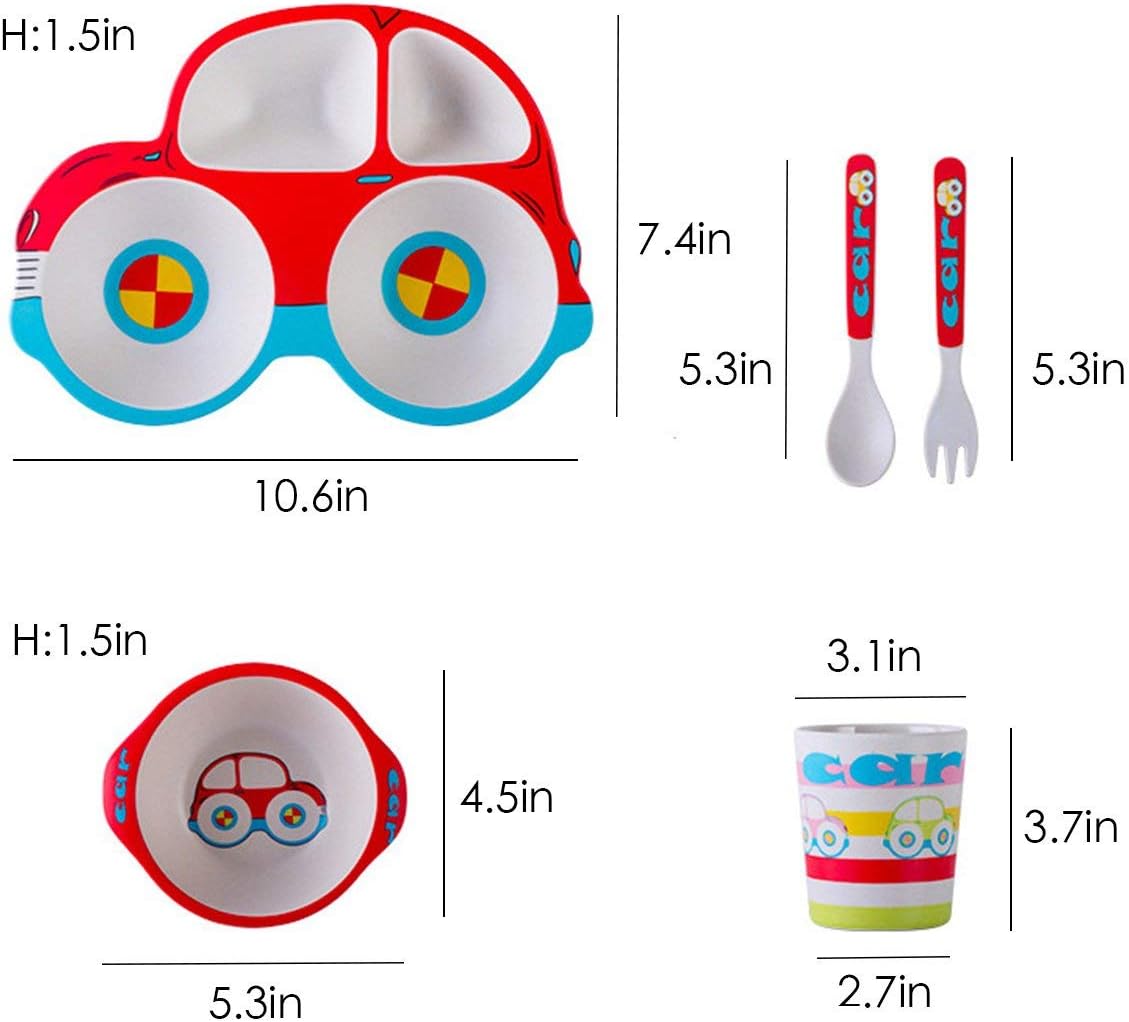HYOATREA Kids Dinnerware Set, 5 Piece Car Shaped Plate and Bowl Set, Divided Plates with Spoon and Fork, Picky Eater Friendly, Dishwasher Safe, Gift for Toddlers