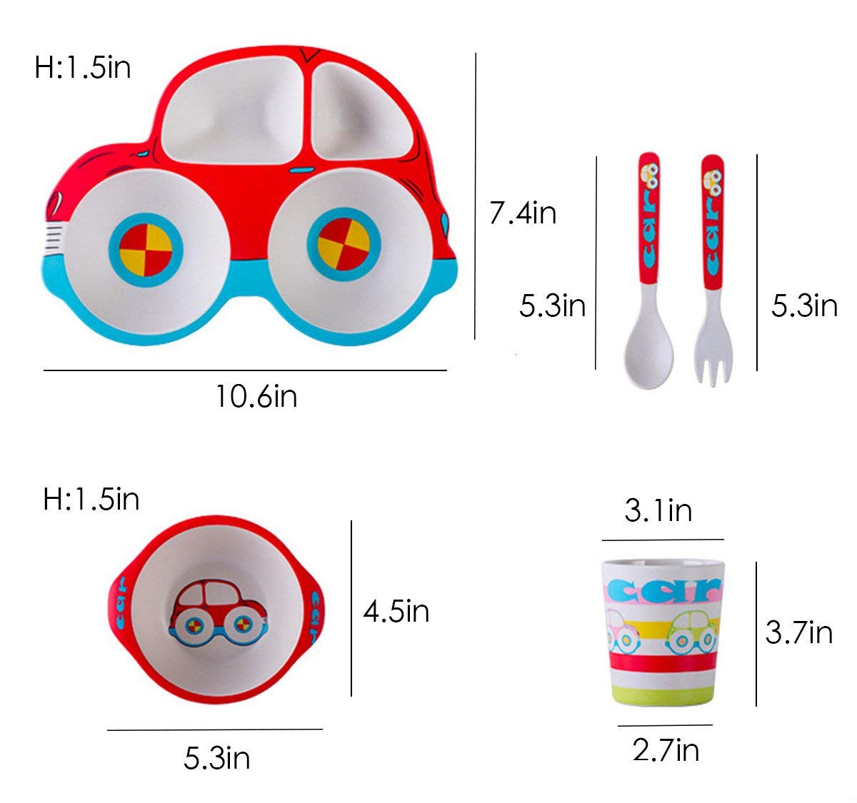 HYOATREA Kids Dinnerware Set, 5 Piece Car Shaped Plate and Bowl Set, Divided Plates with Spoon and Fork, Picky Eater Friendly, Dishwasher Safe, Gift for Toddlers