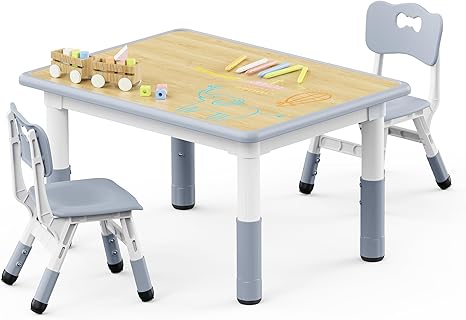 Kids Table and 2 Chairs Set, Height Adjustable Toddler Desk 31.5" L x 23.6" W