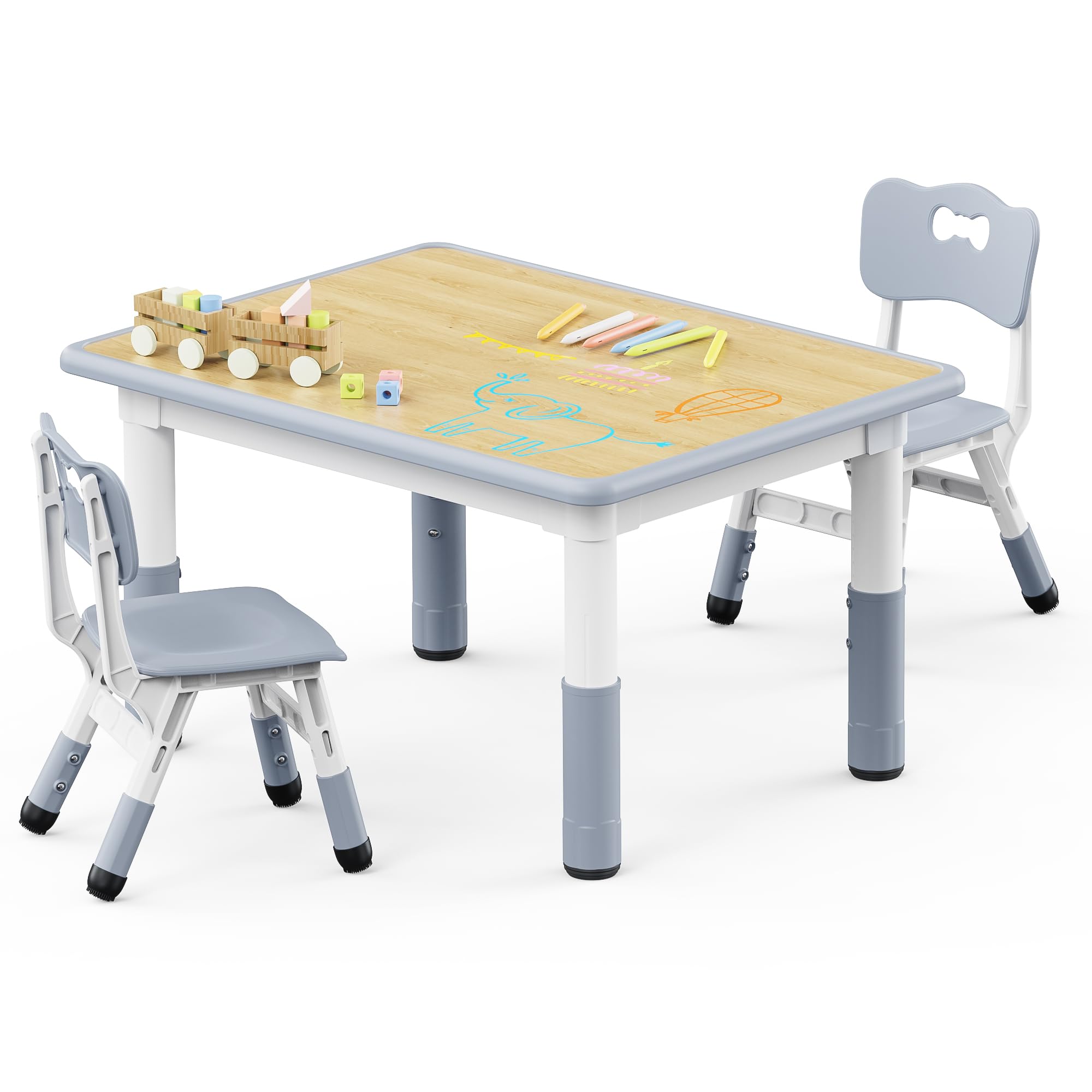 Table and 2 Chairs Set, Height Adjustable Toddler Table and Chair Set