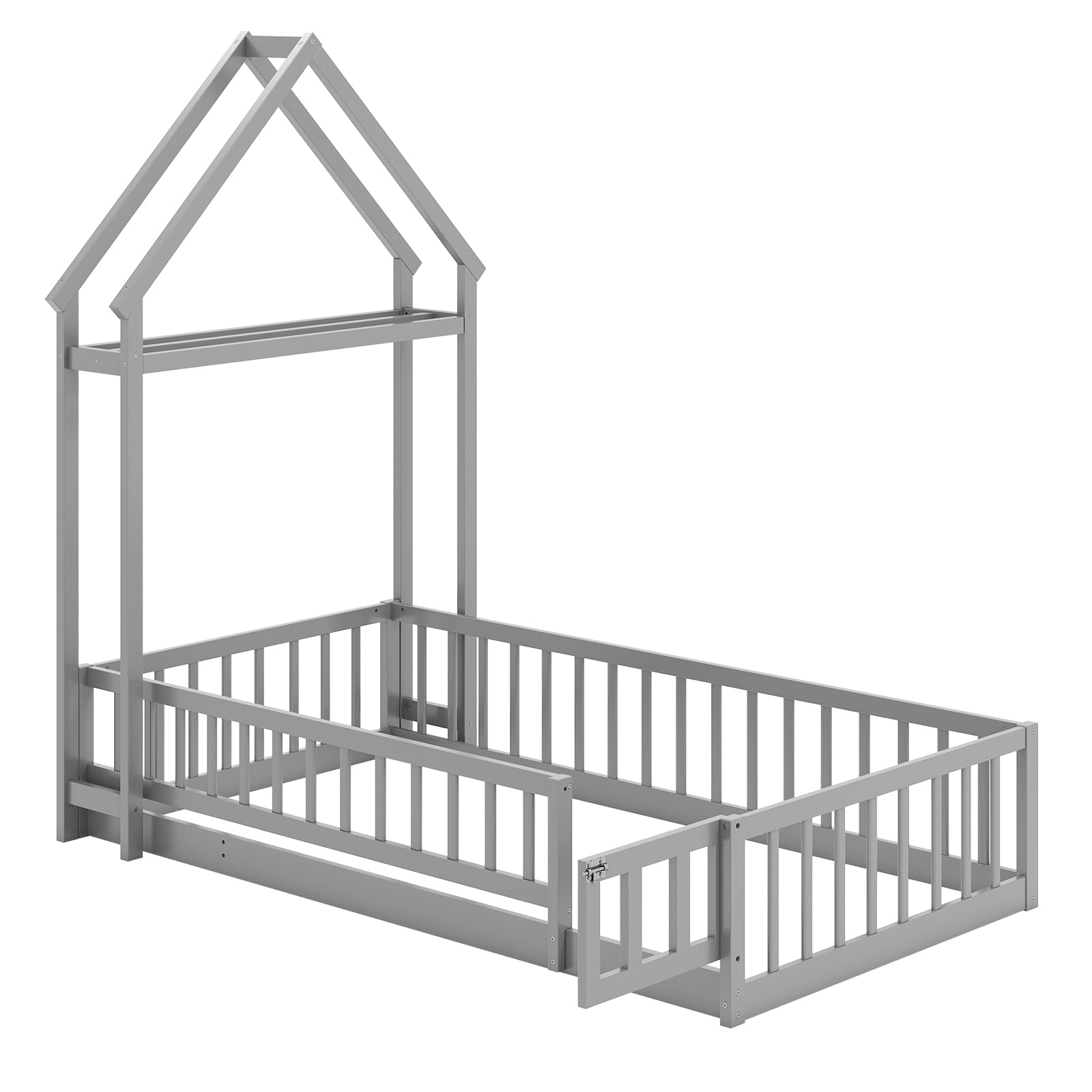 Twin House Floor Bed for Kids with Safety Fence and Door