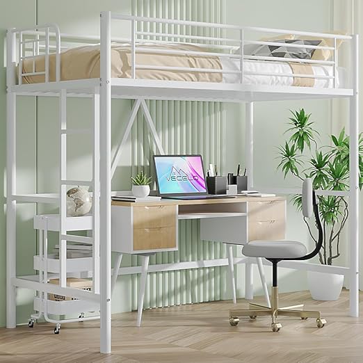 Loft Bed Twin Size, Metal Bedframe with Removable Ladder and Safety Guardrail