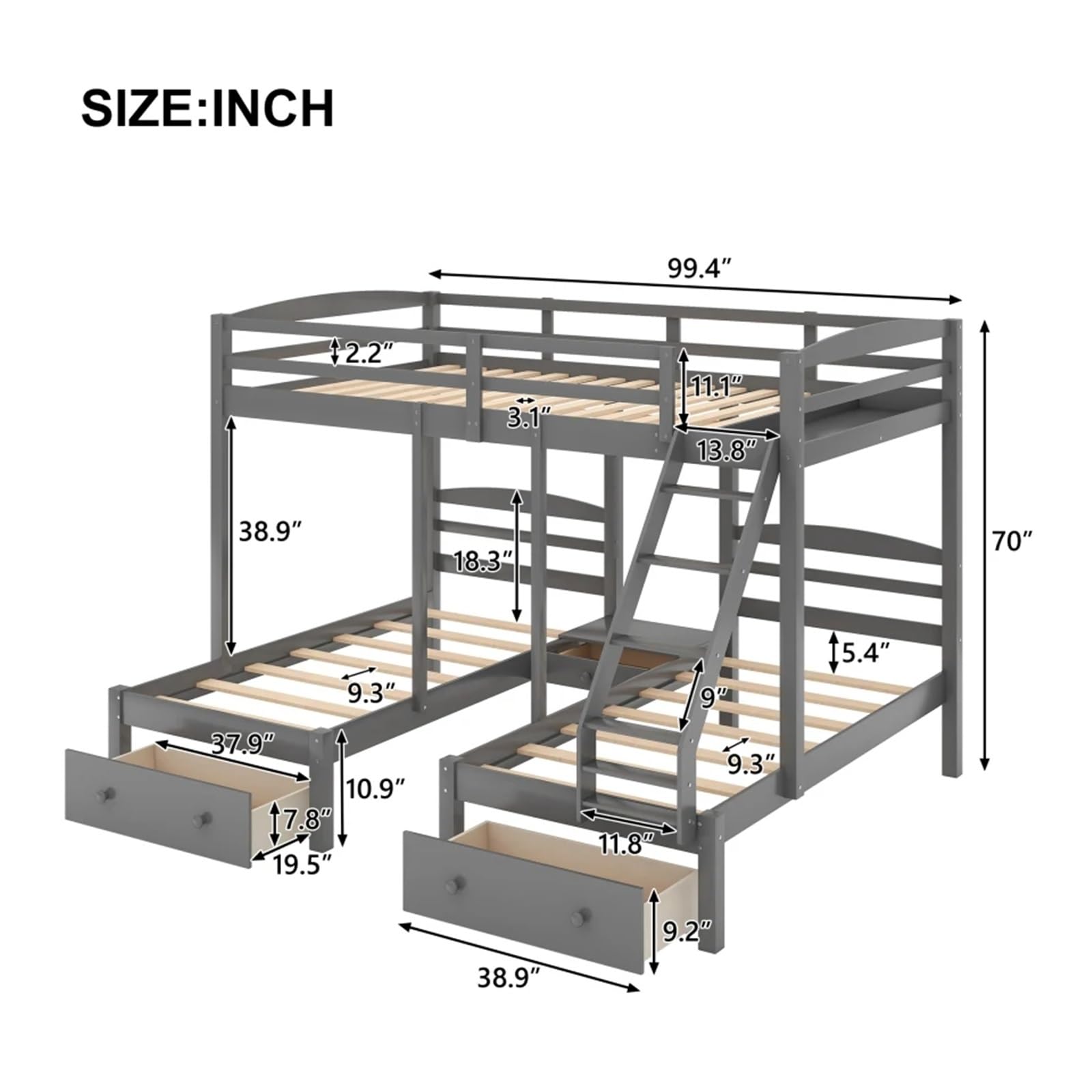 Triple Bunk Bed with Storage Drawers Grey