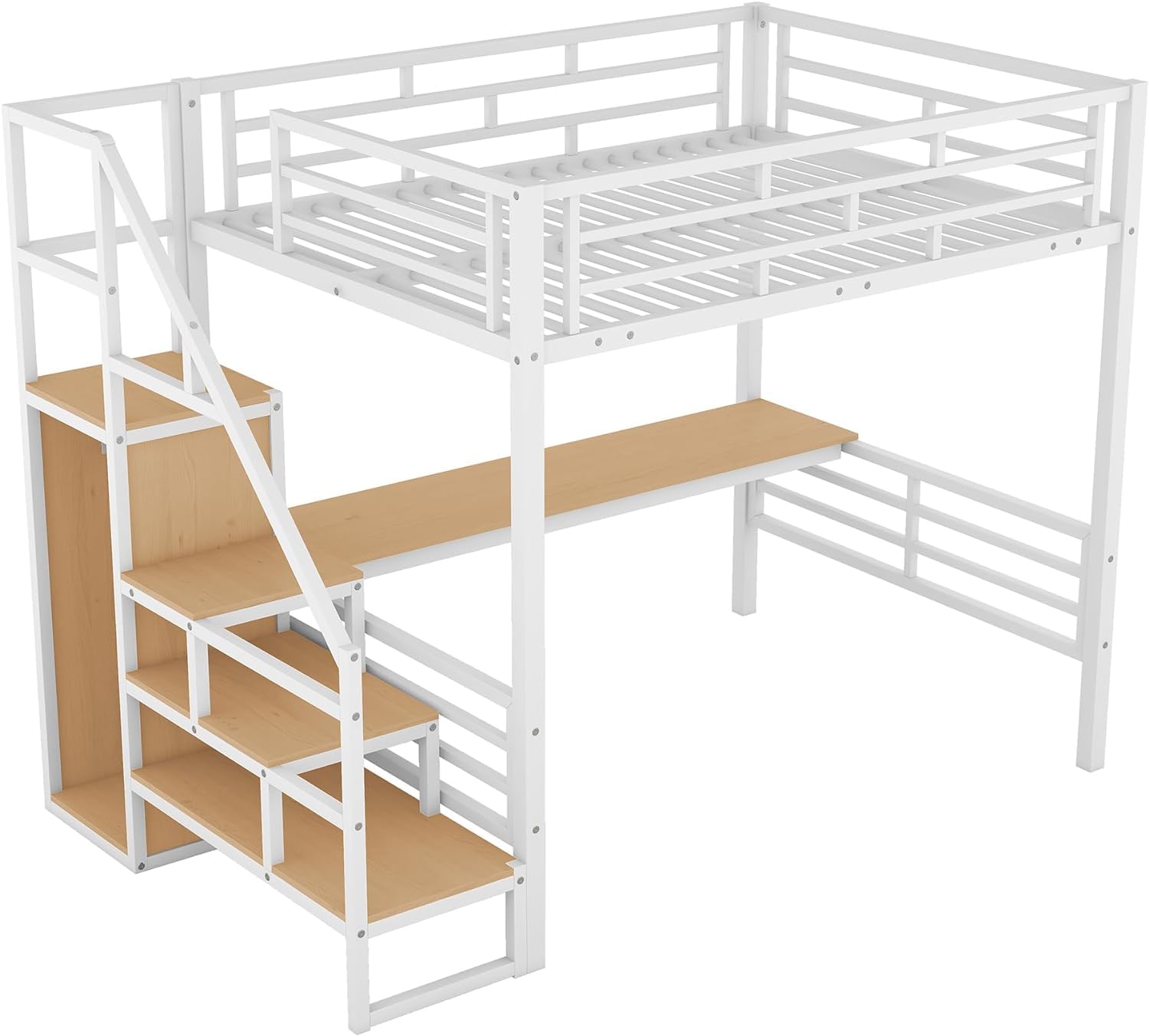 Full Size Loft Bed with Staircase and Desk, Metal Loft Bed Frame