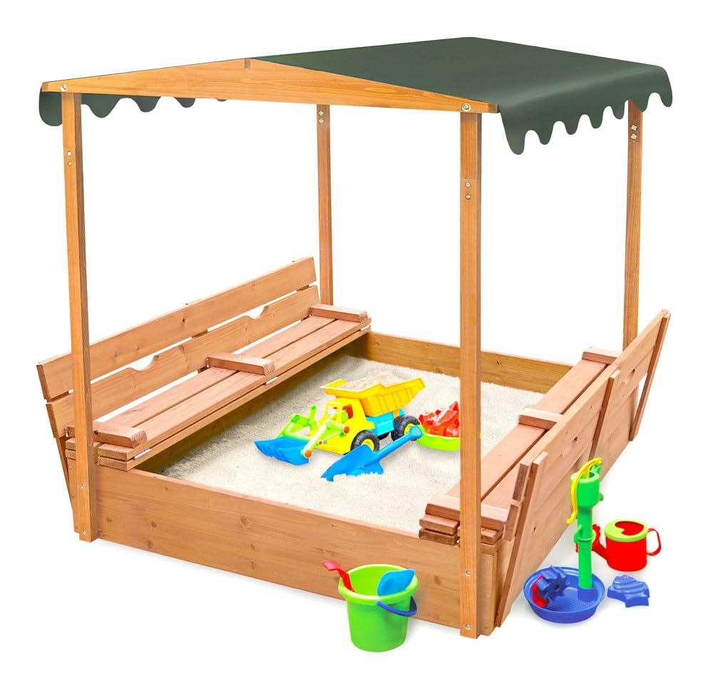 Basket Cedar Sandbox for Kids with UV Canopy & Folding Benches
