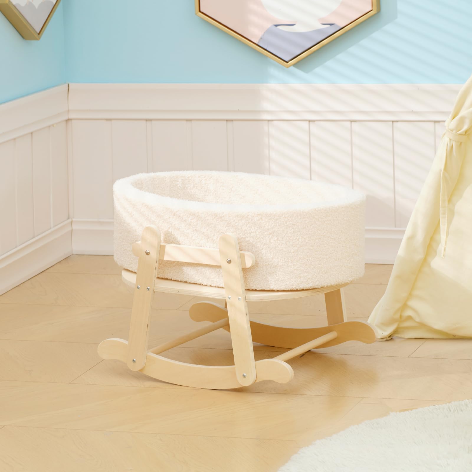 Wooden Doll Bassinet with Boucle Fabric