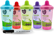 5-Pack Colorful Sippy Cups with Dry Erase Marker & Bonus Sticker – Spill-Proof