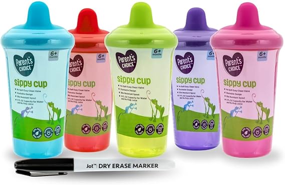 5-Pack Colorful Sippy Cups with Dry Erase Marker & Bonus Sticker – Spill-Proof