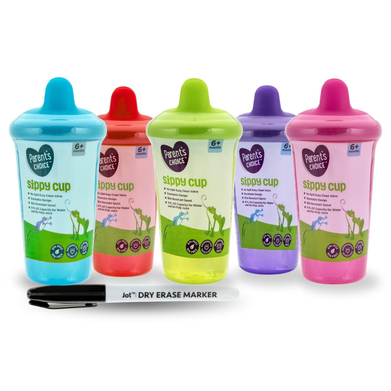 5-Pack Colorful Sippy Cups with Dry Erase Marker & Bonus Sticker – Spill-Proof