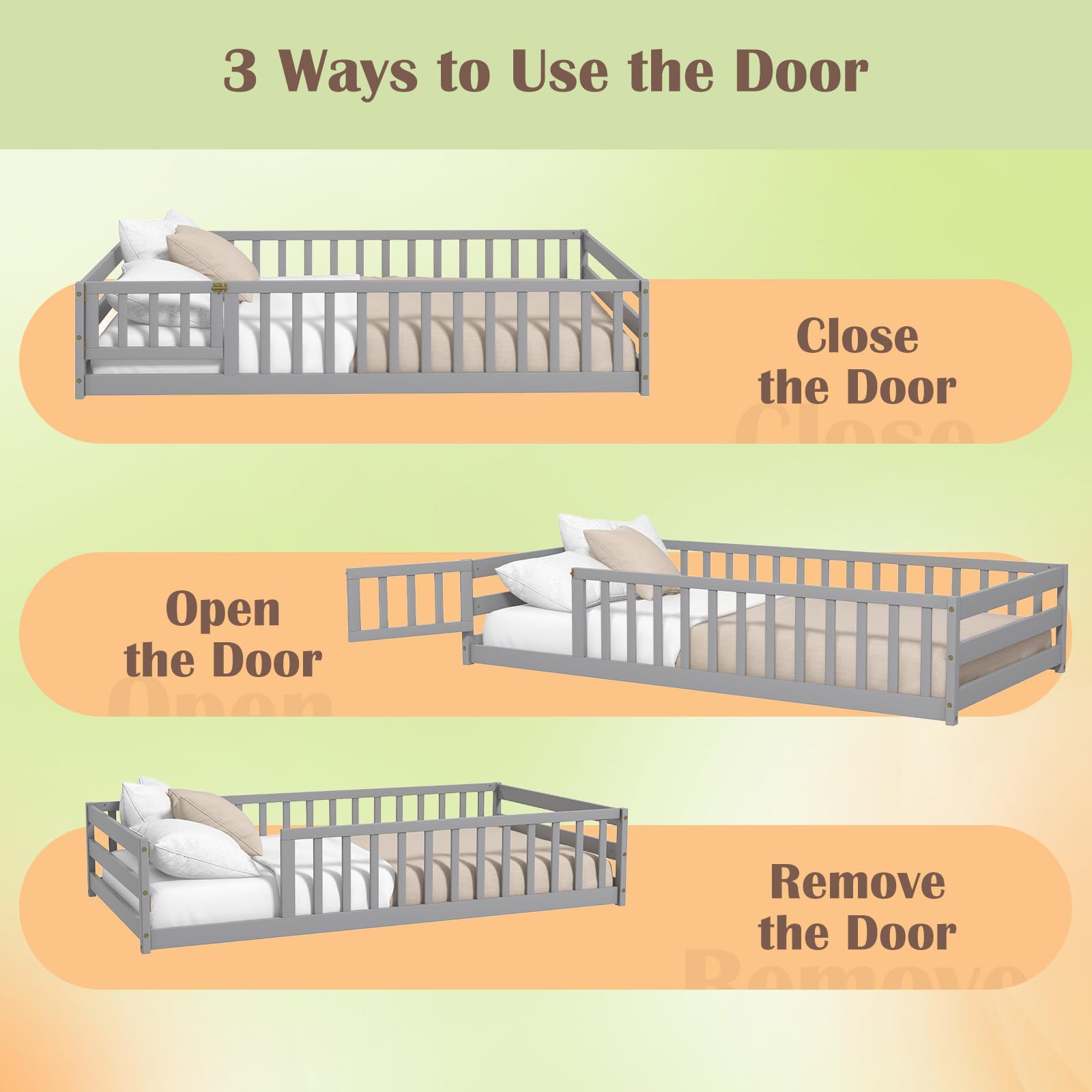 Twin Floor Bed with Door and Fence for Kids