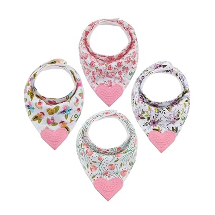Baby Bandana Teething Bibs with Attached Silicone Teether - Set Of 4 -Solid Blues