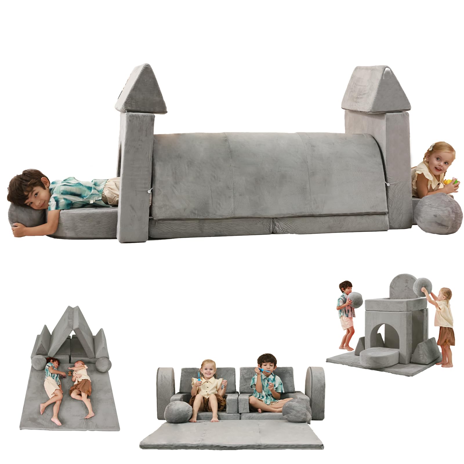 Couch Kids with Large Crawling Mat, Modular Play Couch Convertible Tunnel for Boys