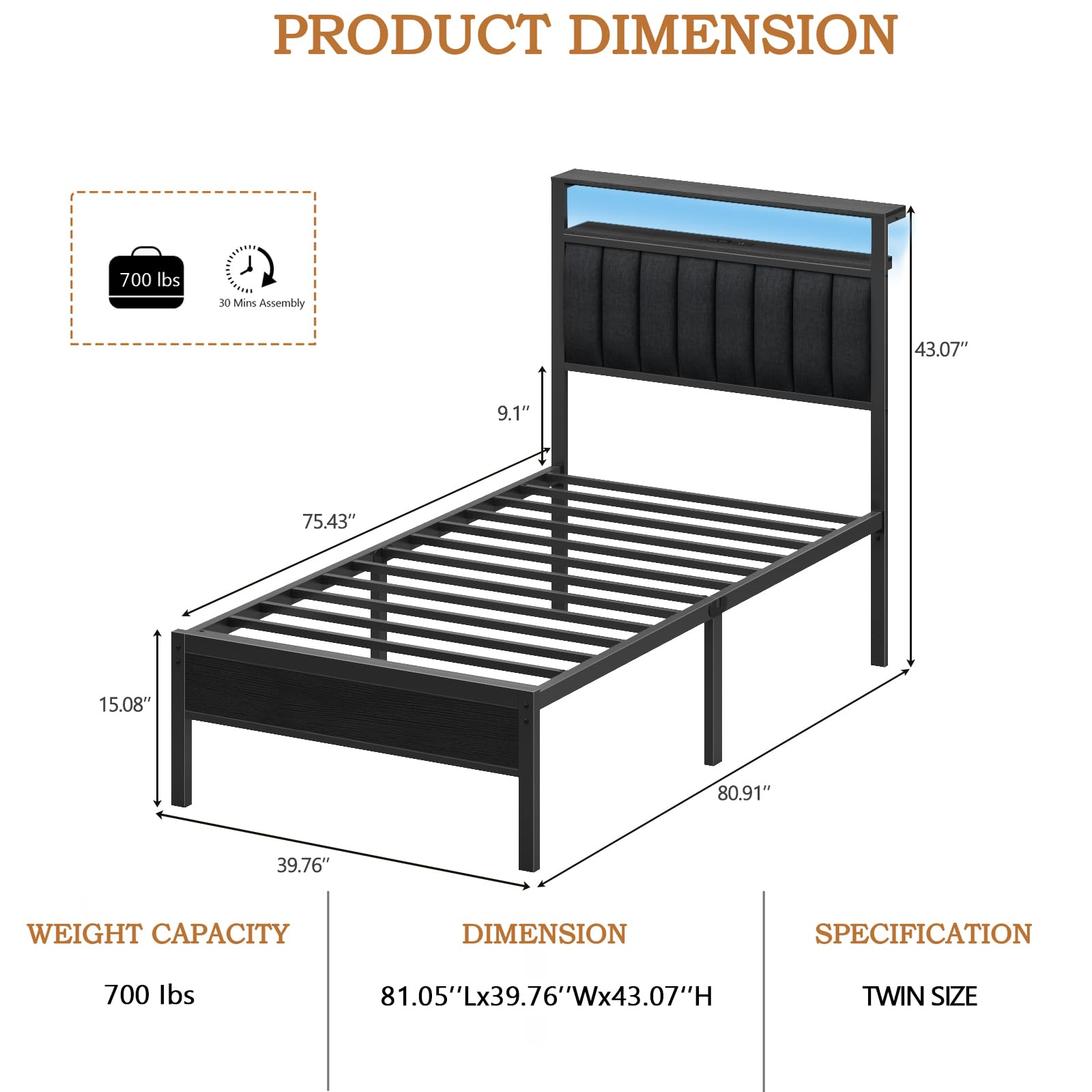 Twin Bed Frame with LED Lights and Charging Station