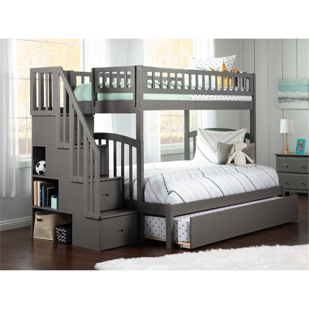 Twin Over Full Bunk Bed of Wood with Trundle in Gray