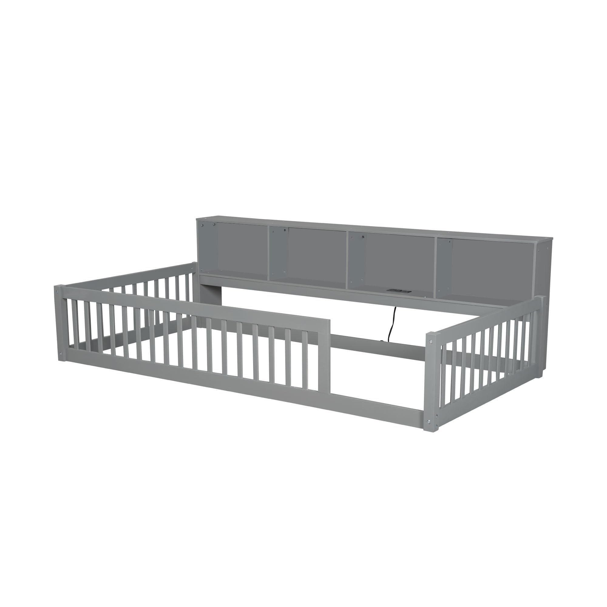 Twin Floor Bed with Storage and Safety Rails for Kids
