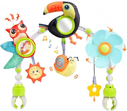 Baby Stroller Arch Toy with Teether, Rattle, Crinkle Sound, Mirror & Music Box
