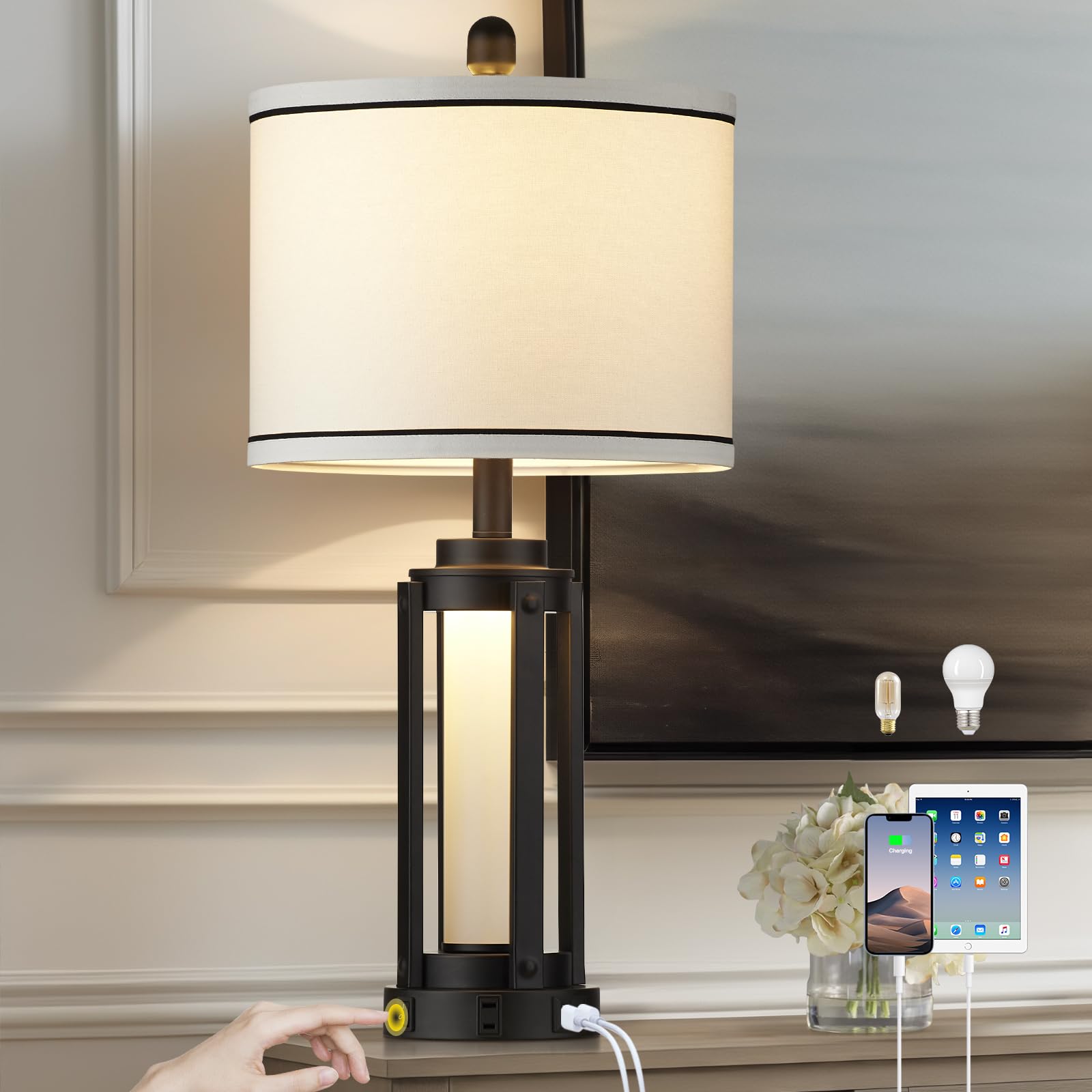 26" Modern Table Lamp with USB A+C Charging Ports & AC Outlet