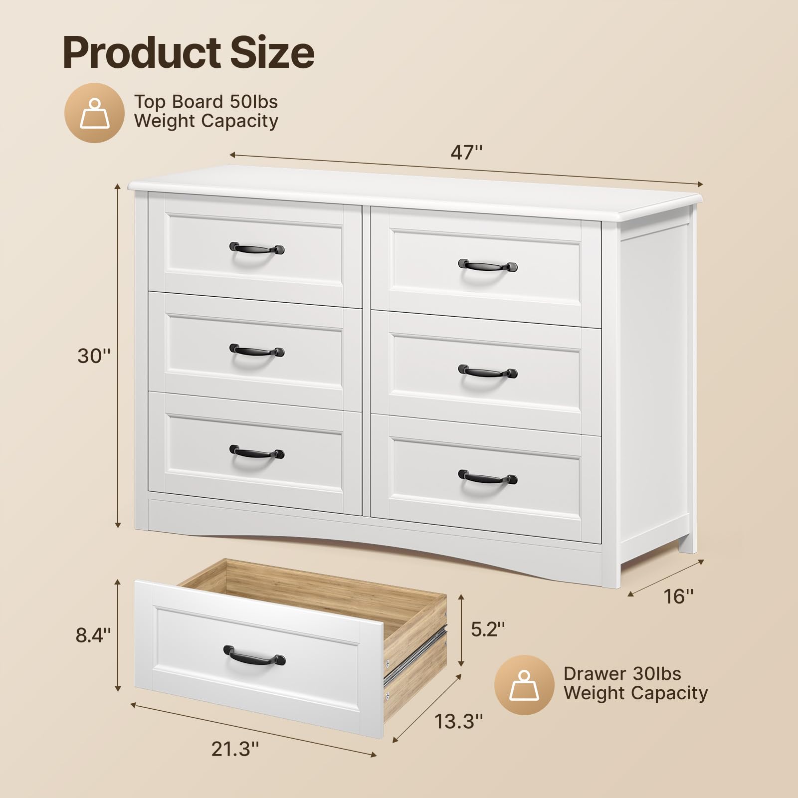 6 Drawer Dresser for Bedroom with Metal Handles