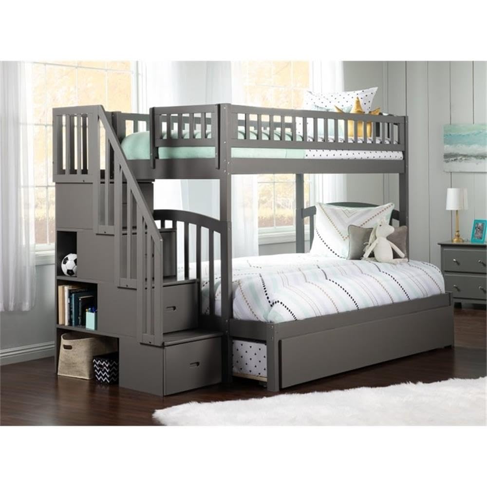 Twin Over Full Bunk Bed of Wood with Trundle in Gray