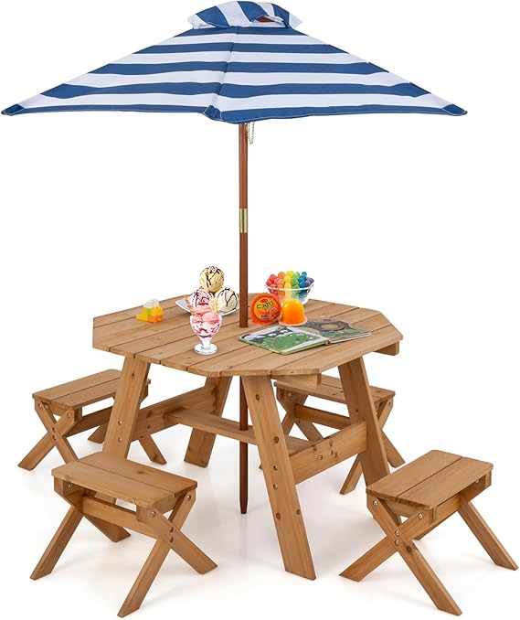 Kids Outdoor Picnic Table Set with Umbrella and 4 Stools