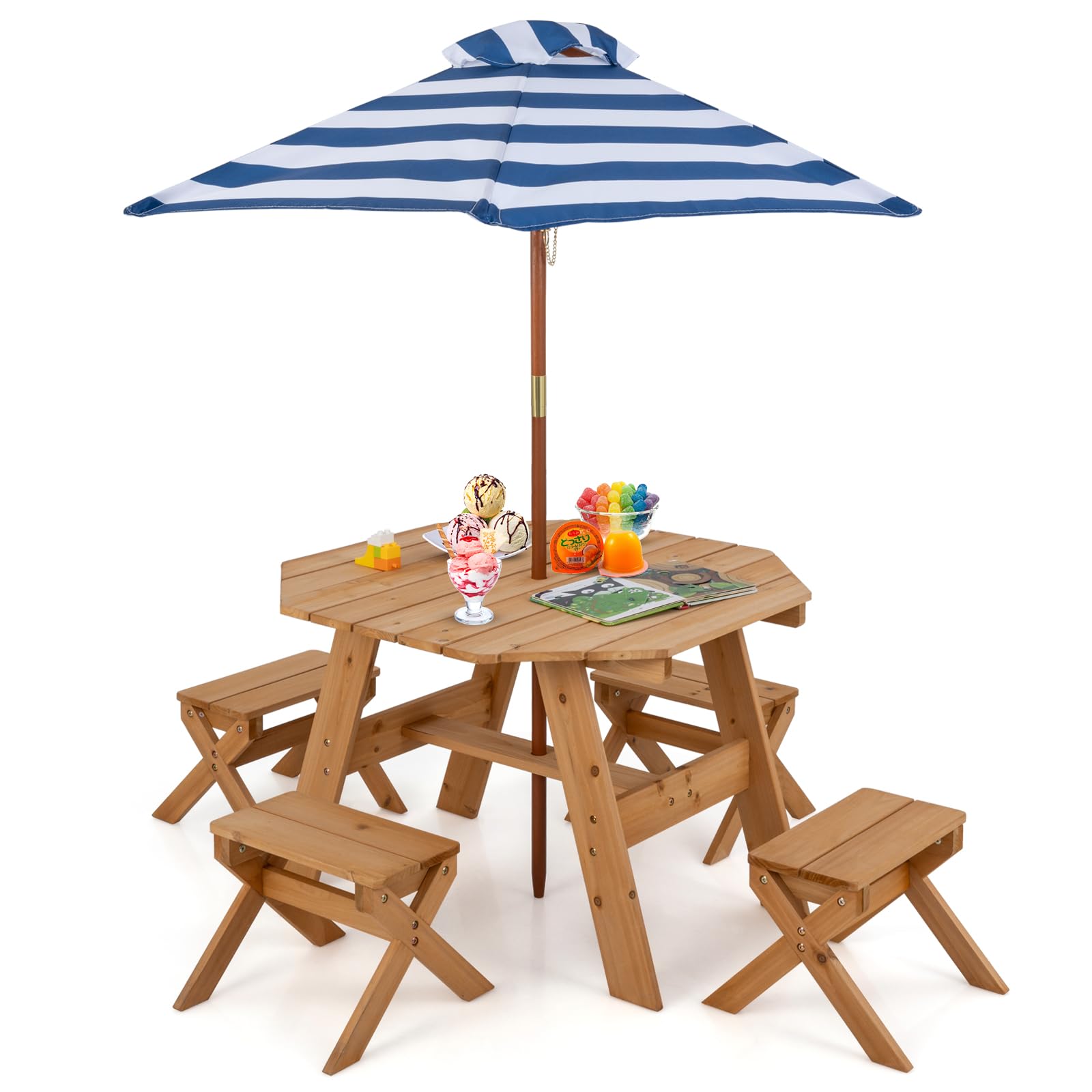 Kids Picnic Table, Fir Wood Octagon Table & 4 Stool Set