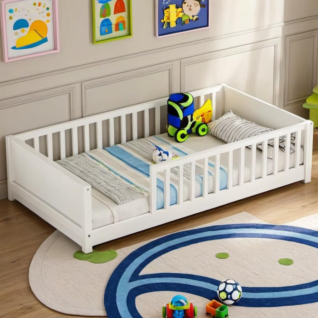 Twin Montessori Floor Bed with Book Storage and Safety Guardrails