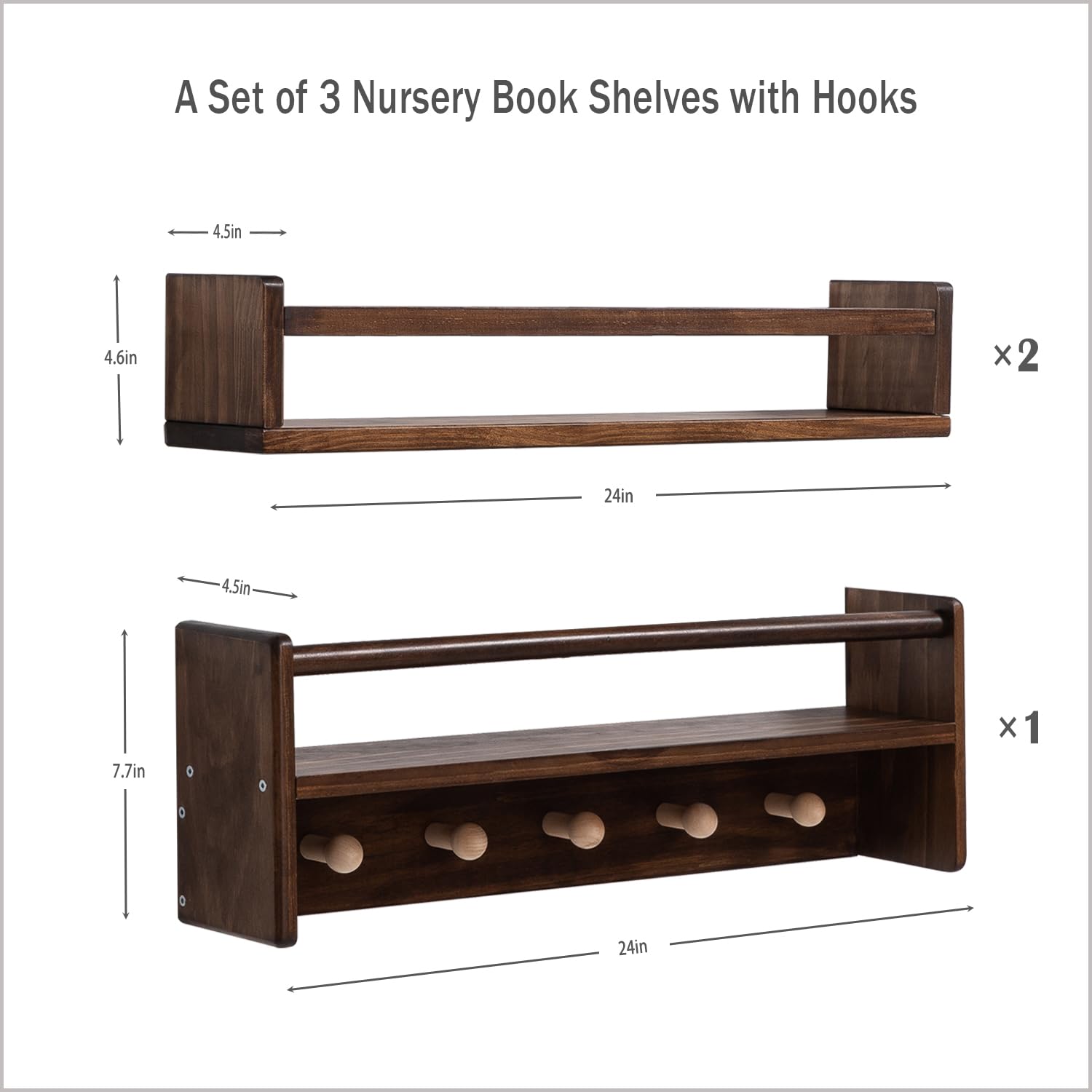 24 Inch Floating Bookshelf Wall Mount Set of 3 with Hooks