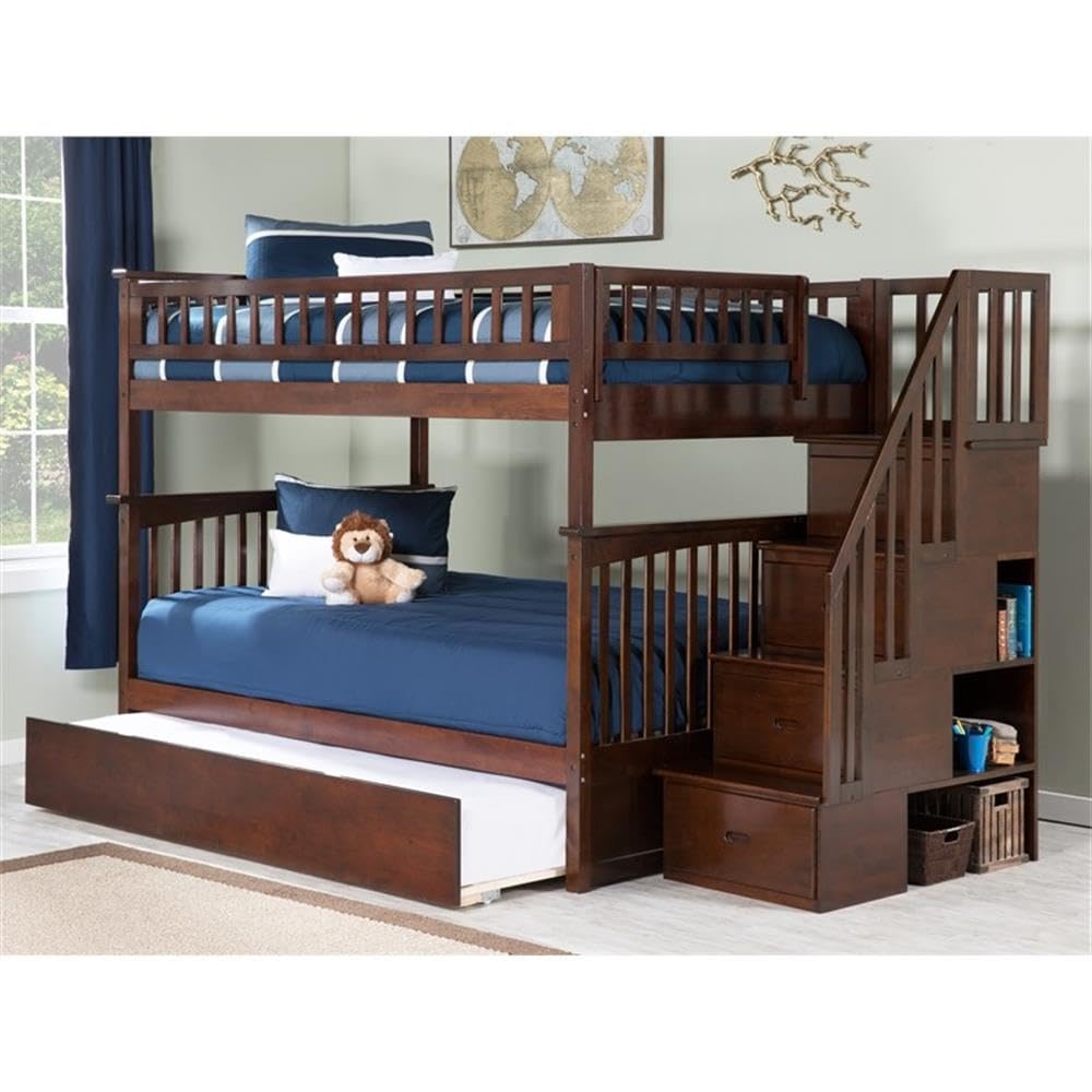 Full Over Full Solid Wood Bunk Bed with Trundle in Walnut